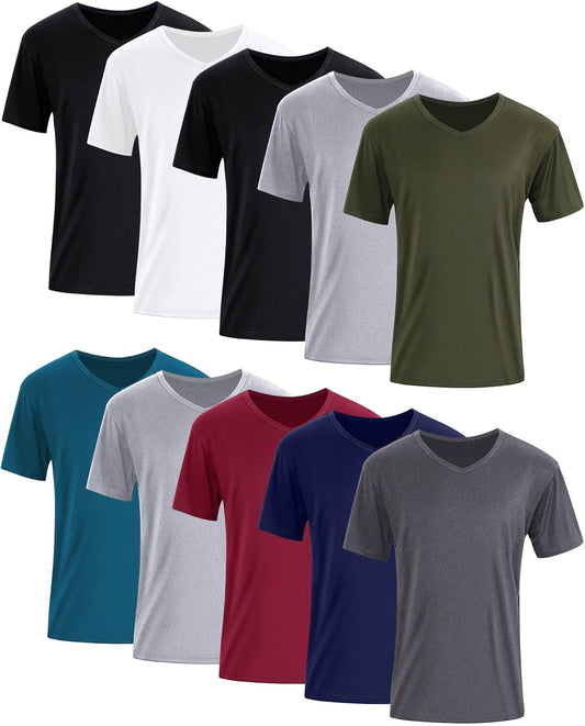 Chuarry 10 Pack Men's V Neck T Shirt Short Sleeve Bulk Soft Solid Tees Basic Quick Dry Slim Fit Undershirts for Men