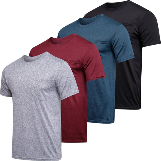 Real Essentials 4 Pack: Men's Dry-Fit Short Sleeve Pocket Crew Performance Athletic T-Shirt (Available in Big & Tall)